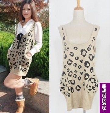 2013 spring beading all-match long design leopard print sweater tank dress 372276 high quality