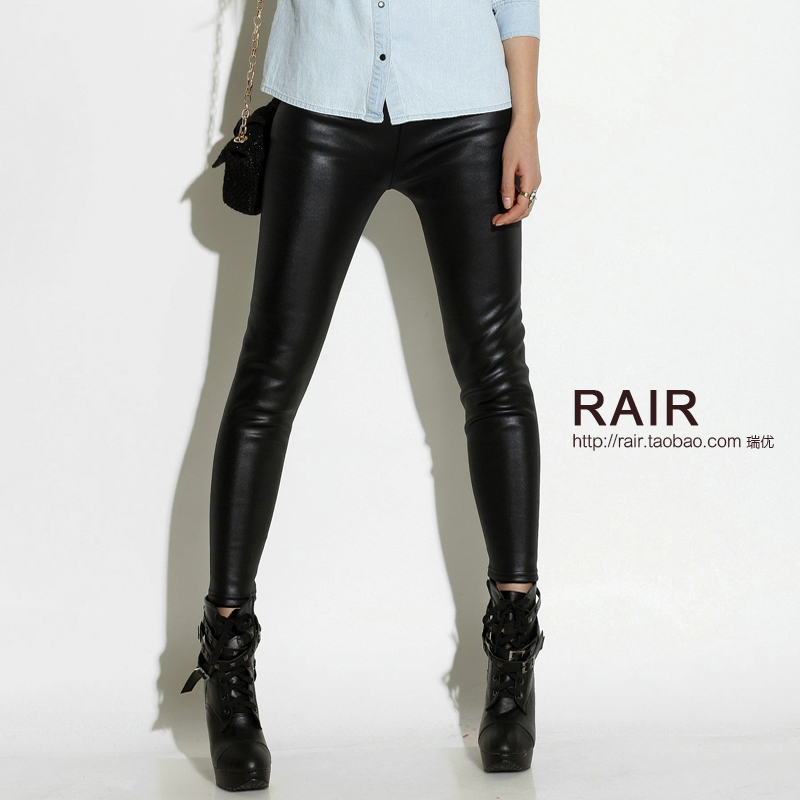 2013 spring beaver double layer velvet thickening legging faux leather pants high waist tight fitting ankle length trousers