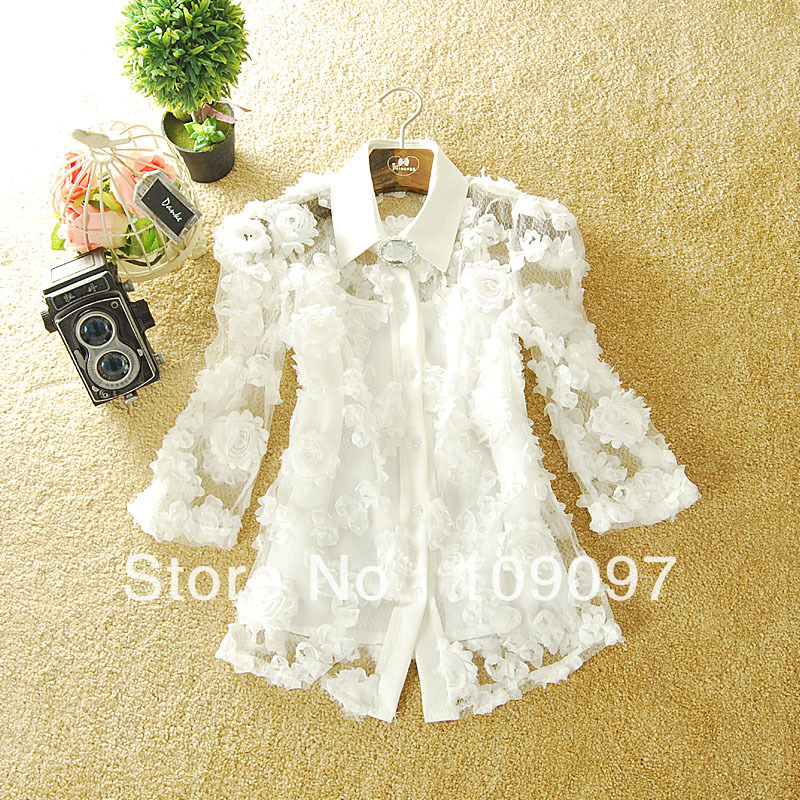 2013 Spring Best Seller  Tops for Women Flower White  or Black Lace Blouse