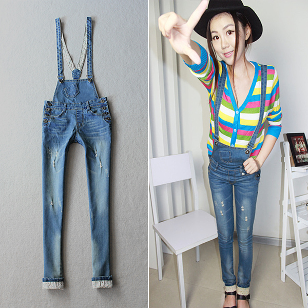 2013 spring bib pants female denim bib pants slim pants denim spaghetti strap jumpsuit trousers