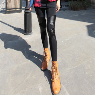 2013 spring black leather pants female tight legging faux leather female matt faux leather pants patchwork pants