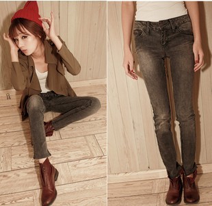 2013 spring black slim butt-lifting water wash wearing white denim skinny pants pencil pants