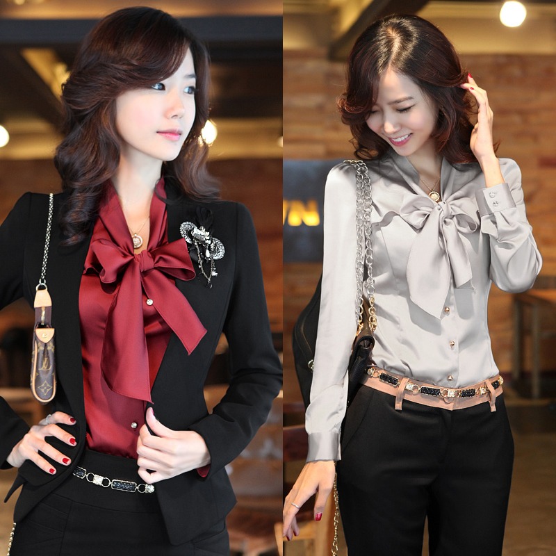 2013 spring bow ol slim chiffon long-sleeve shirt female 100% cotton female short skirt professional set