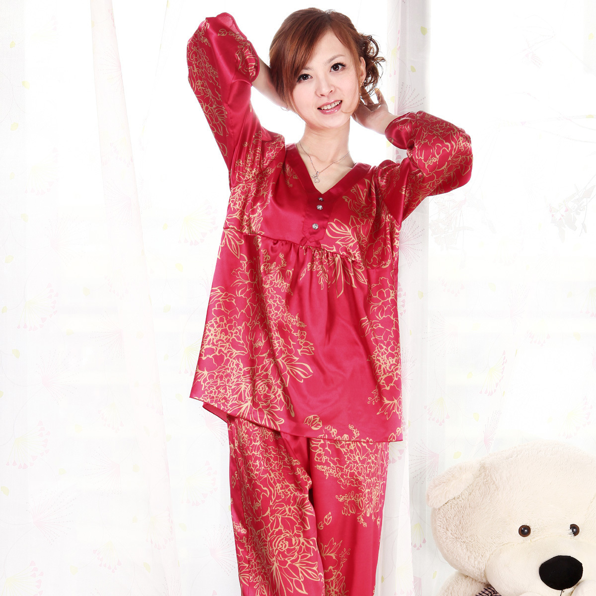 2013 spring bride red sexy faux silk sleepwear twinset women's long-sleeve lounge