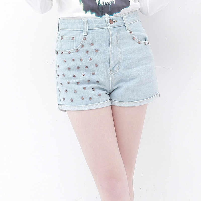 2013 spring brief casual all-match mid waist rivet roll-up hem short casual denim shorts ae184