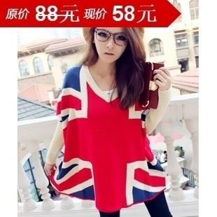 2013 spring british style flag torx plus size batwing sleeve sweater thickening loose sweater women's