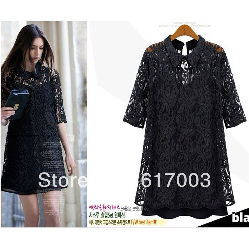 2013 Spring british style twinset half sleeve lace dress black / white