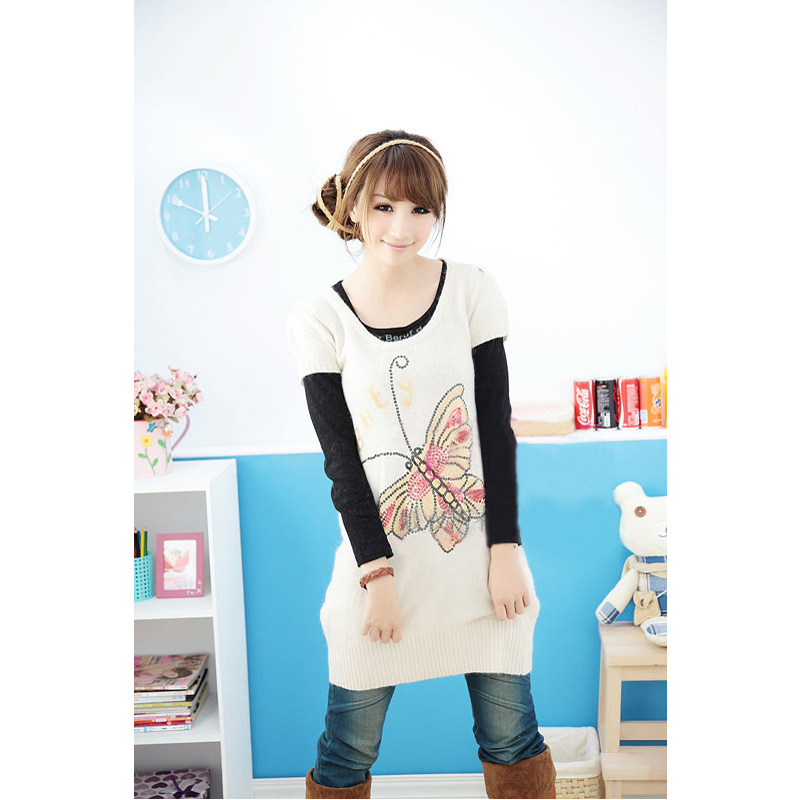 2013 spring butterfly paillette u short-sleeve knitted medium-long loose sweater female