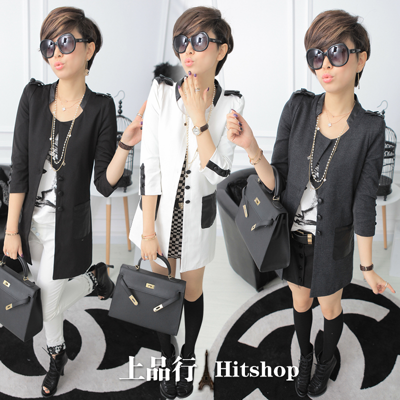 2013 spring button leather collar trench female medium-long outerwear n