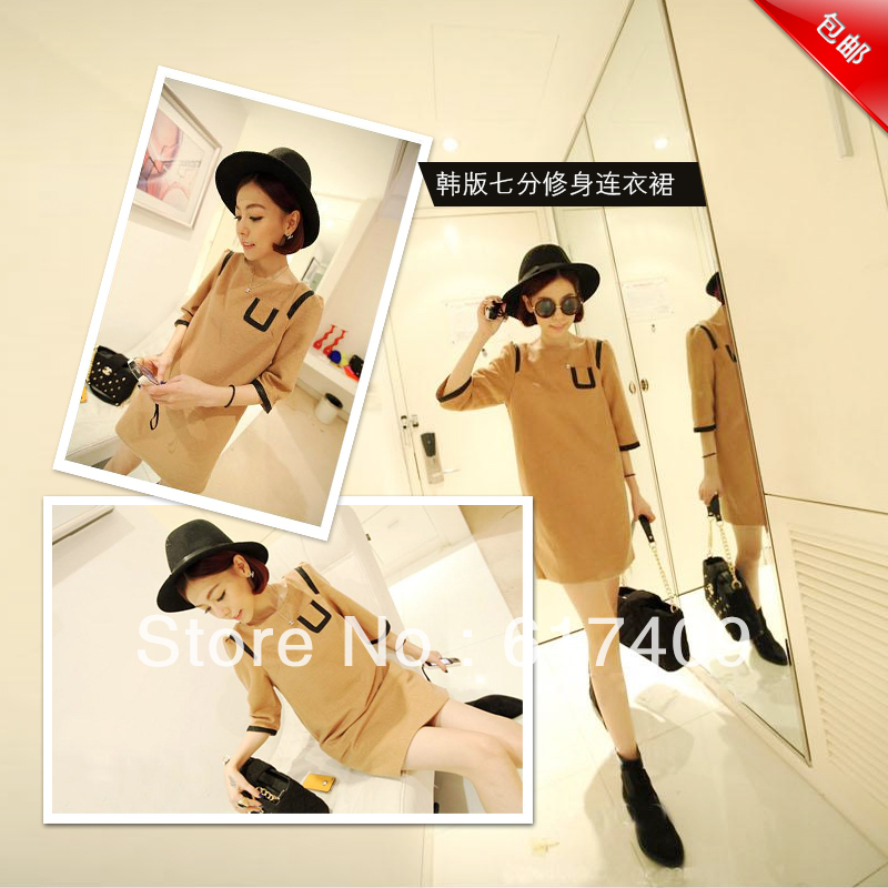 2013 spring camel one-piece dress leather slim basic skirt woolen one-piece dress - FREE SHIPING