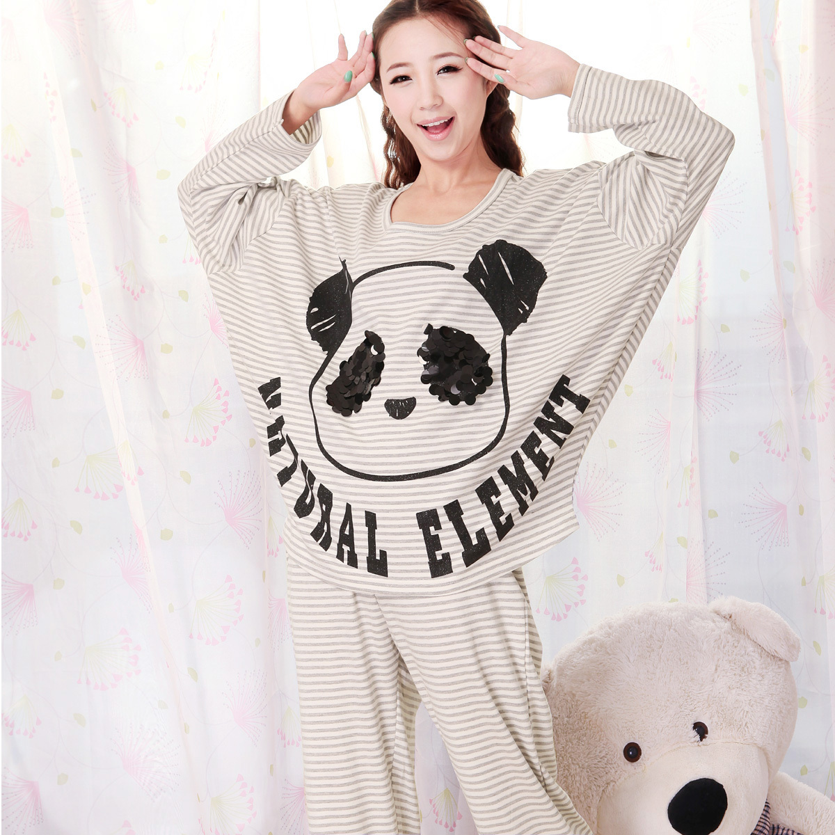 2013 spring cartoon panda batwing sleeve long-sleeve 100% cotton plus size loose maternity sleep set female