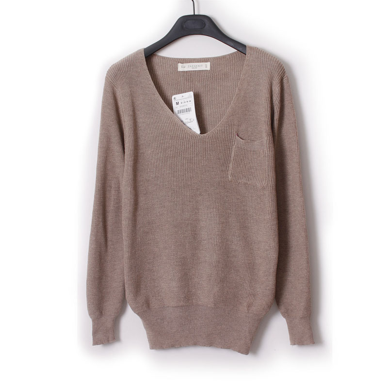 2013 spring casual V-neck pocket thin long-sleeve pullover basic sweater female Free Shipping