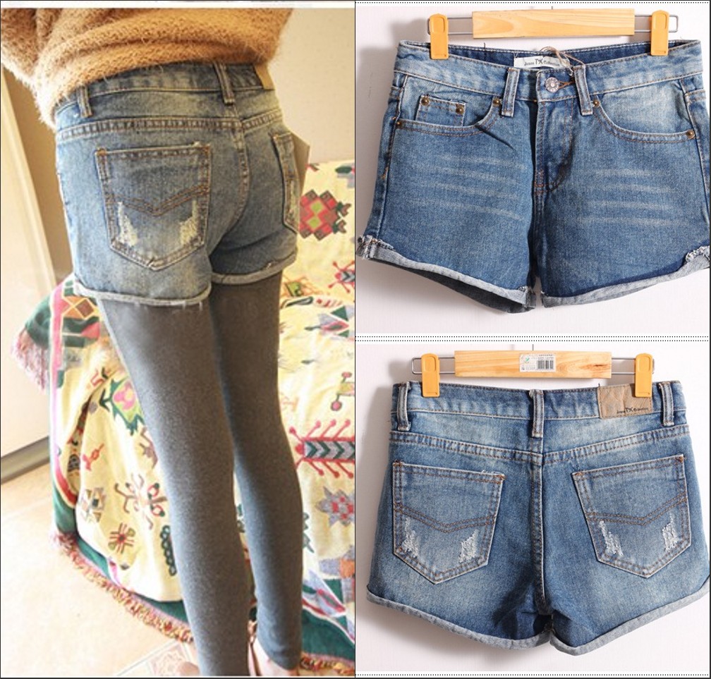 2013 spring cat water wash denim shorts roll up hem loose denim shorts boots pants plus size