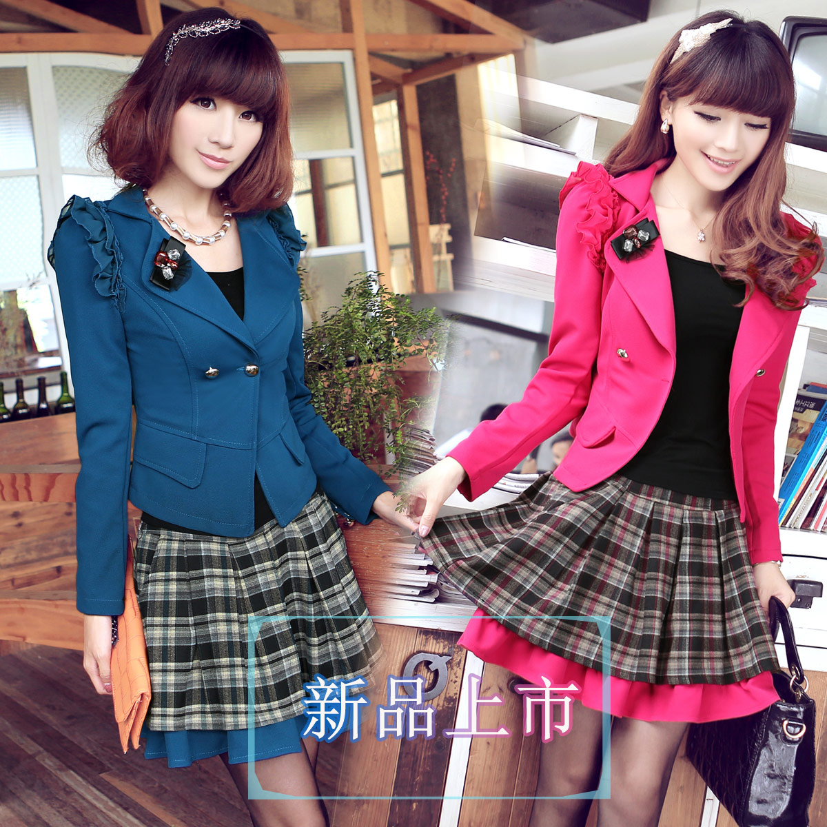 2013 spring classic twinset set corsage plaid skirt