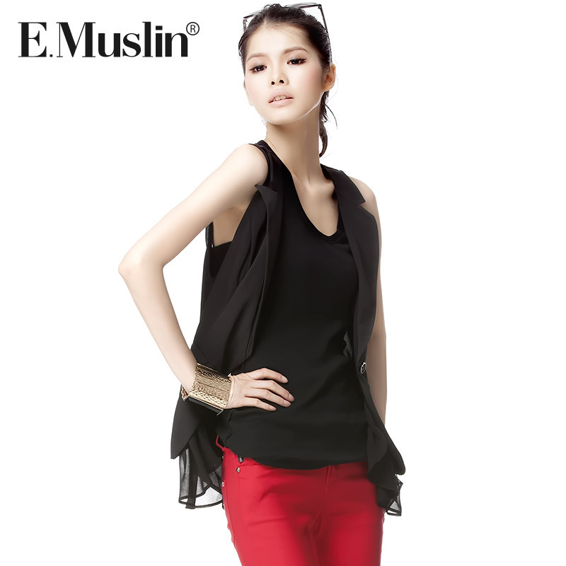 2013 spring clothing plus size chiffon vest fashion suit vest patchwork black coat