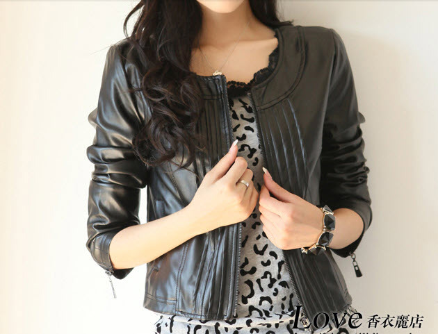 2013 Spring Collection Women Quality PU Zipper Closure Motorcycle Leather Jacket Round Neck Short Coat