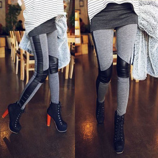 2013 spring cotton faux leather personalized leather patchwork female leather pants legging ankle length trousers skinny pants