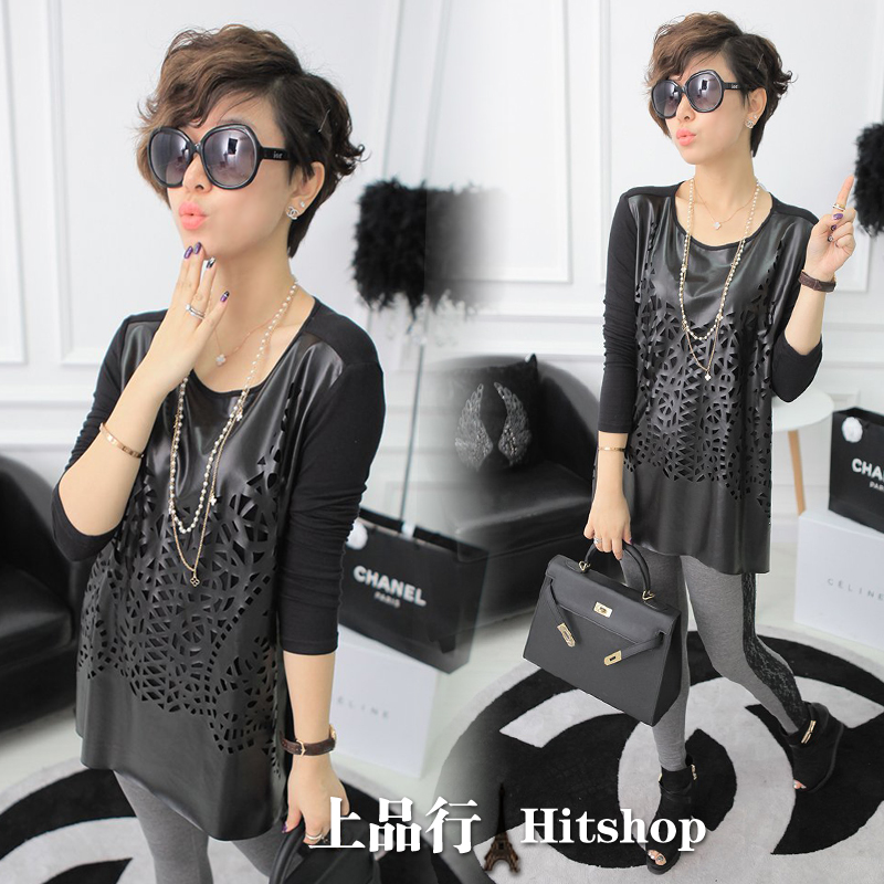 2013 spring cutout leather patchwork long-sleeve loose female t-shirt