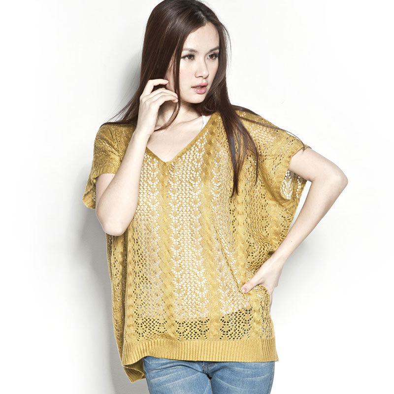 2013 spring cutout V-neck knitted pullover short-sleeve shirt women's