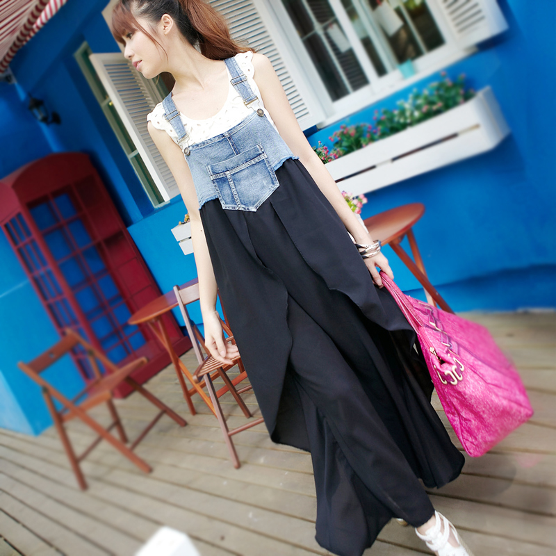 2013 spring denim dress women's slim patchwork chiffon dress vest long dress