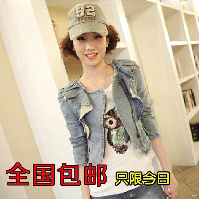 2013 spring denim outerwear female long-sleeve spring and autumn slim puff sleeve ruffle lace short coat design