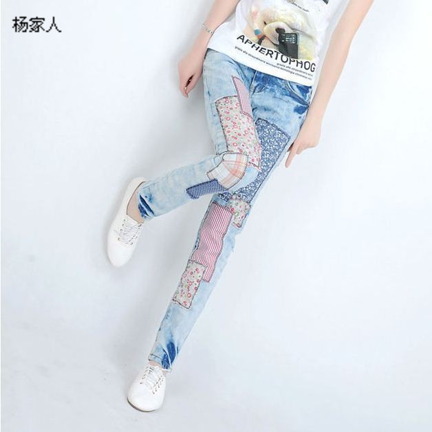 2013 spring denim series multicolour patchwork wearing white skinny jeans elastic pencil pants