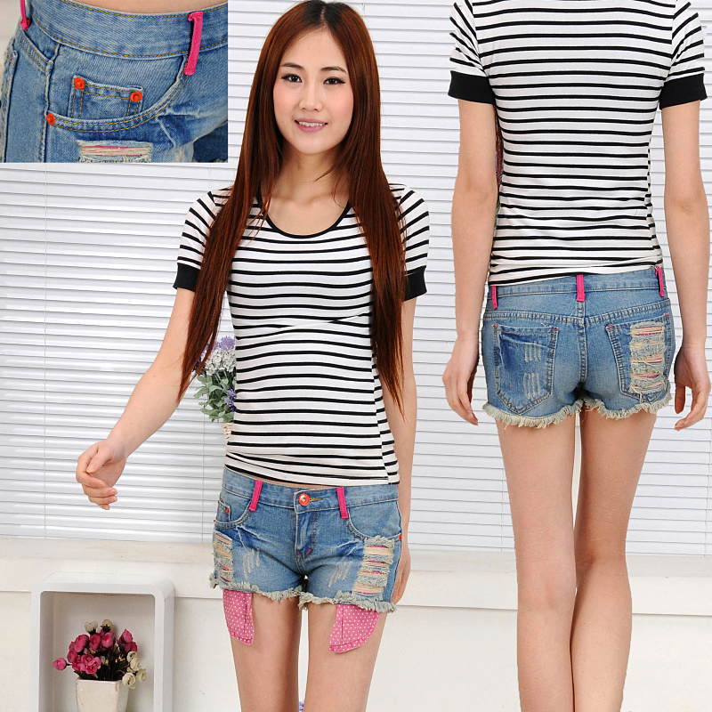 2013 spring denim shorts female distrressed loose female shorts jeans