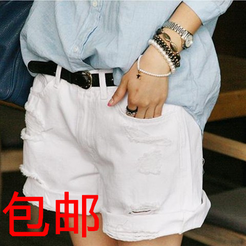 2013 spring denim shorts female hole roll-up hem white denim shorts loose plus size shorts