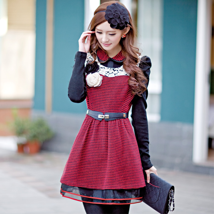 2013 spring doll turn-down collar shirt sleeveless vest princess woolen one-piece dress twinset dress with belt