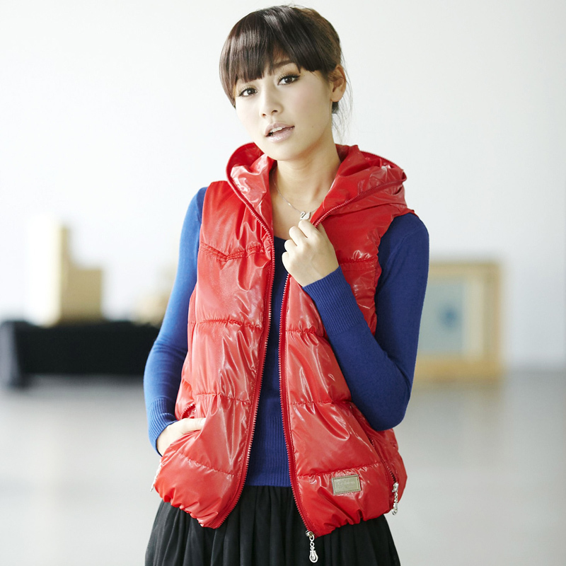 2013 spring down with a hood patent leather bread cotton vest female vest