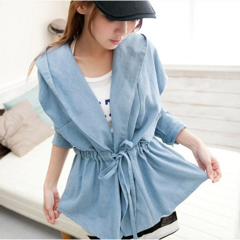 2013 spring drawstring with a hood loose casual denim coat outerwear women's medium-long trench