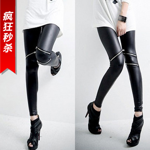 2013 spring dull faux leather 3 line zipper black ankle length women clothing trousers Freeshipping