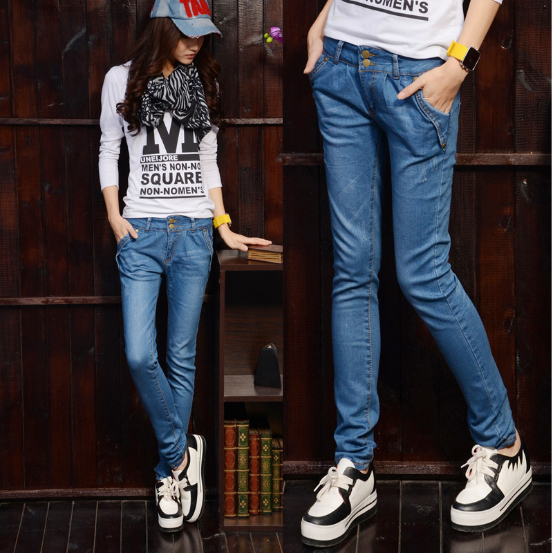 2013 spring elastic buttons denim trousers female skinny pants pencil pants denim