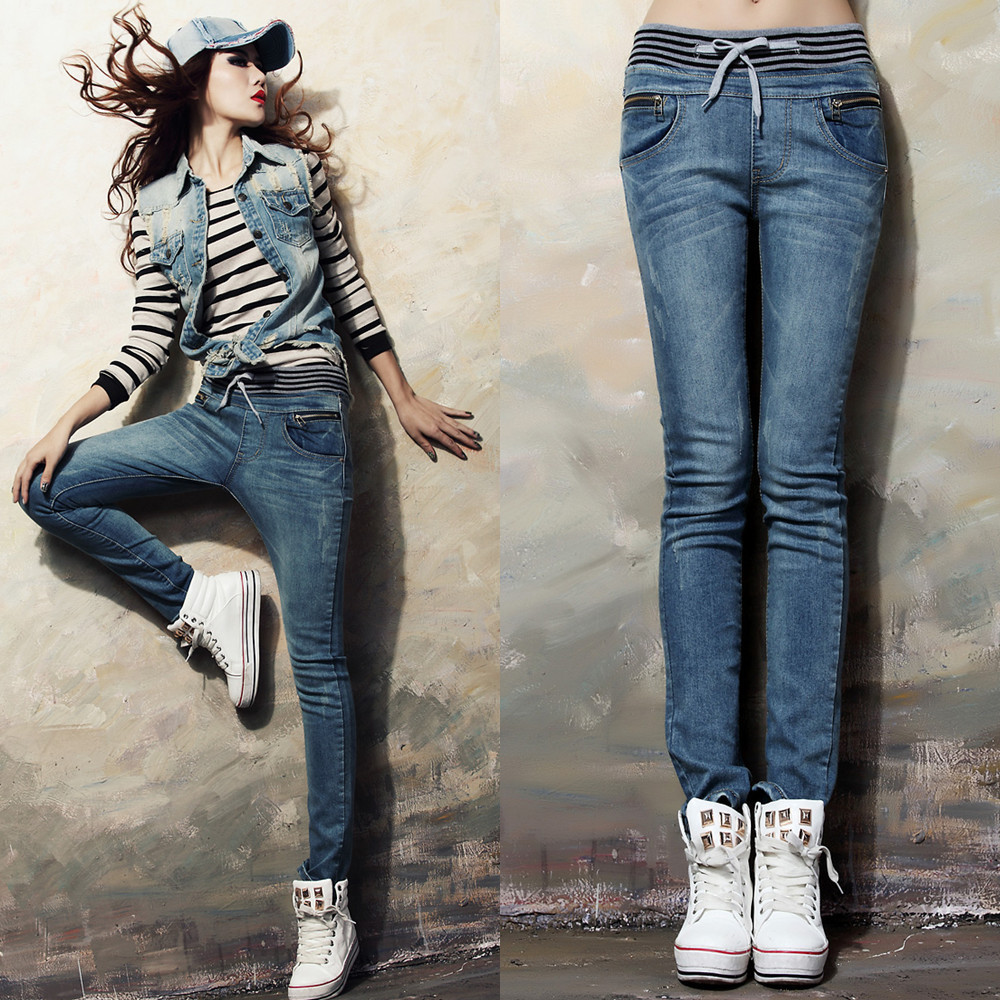 2013 spring elastic high waist slim all-match drawstring jeans trousers pencil pants