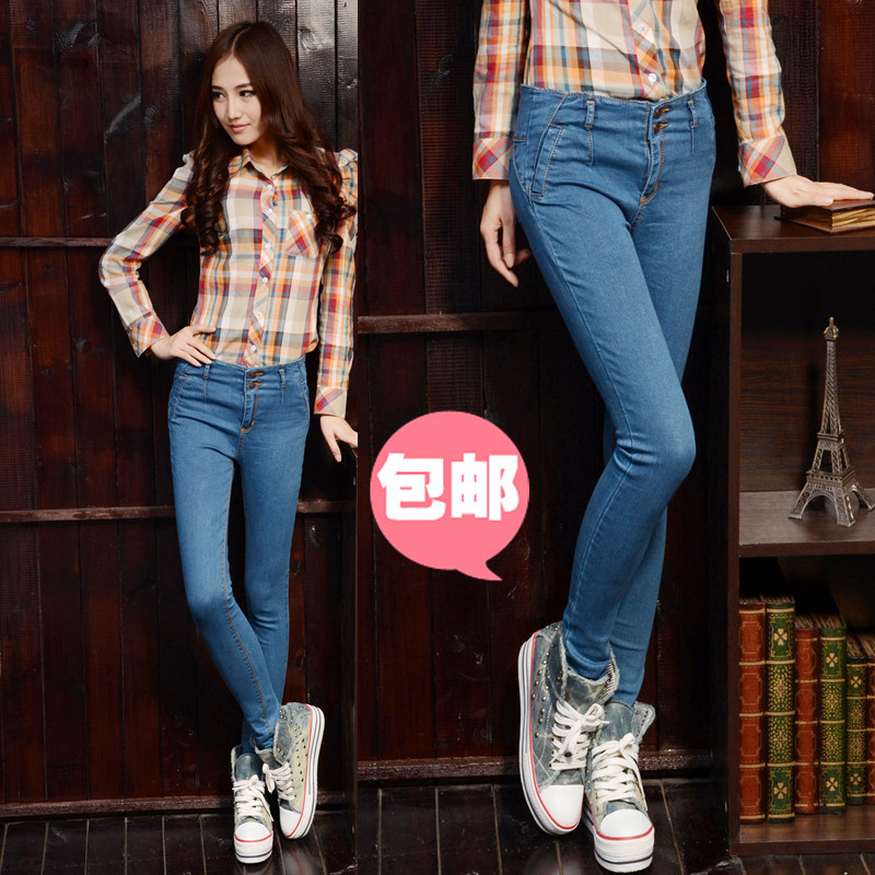 2013 spring elastic slim breasted denim pencil pants trousers female