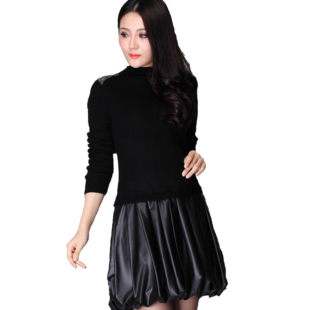 2013 spring elegant women's sweater dress one-piece dress fashion sweater fake second pieces sweater leather skirt