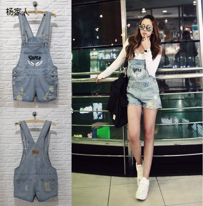 2013 spring embroidery wings denim bib pants shorts jumpsuit spaghetti strap shorts female