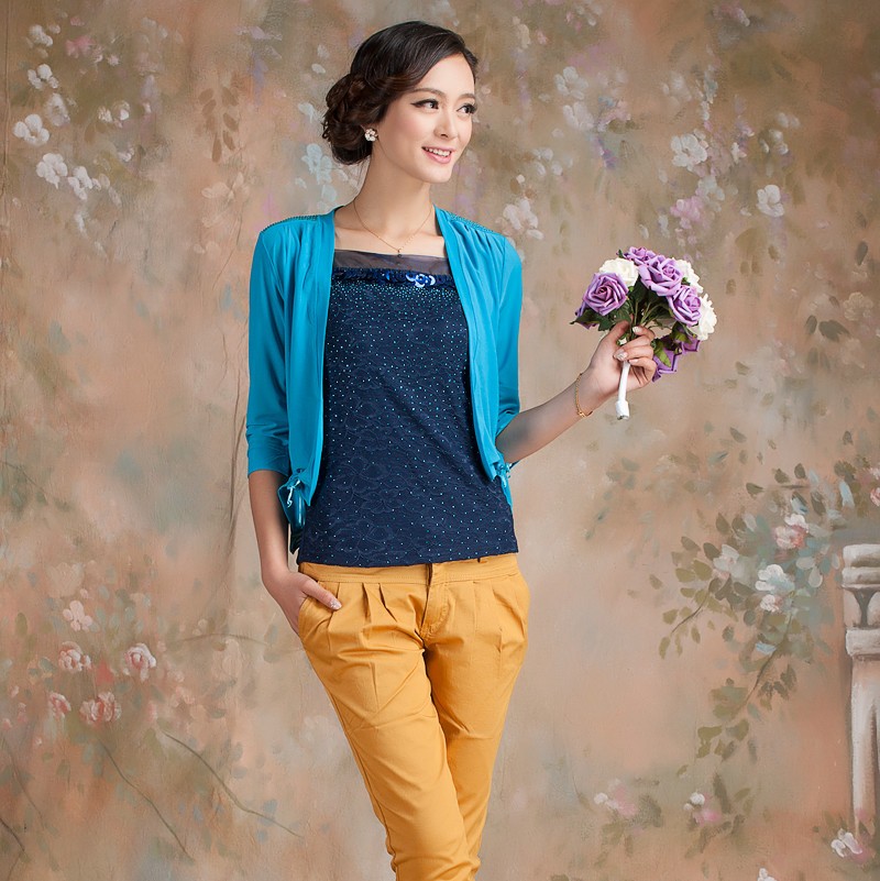 2013 spring epaulette lacing chiffon three quarter sleeve cardigan V-neck kaross  female plus size Shirt