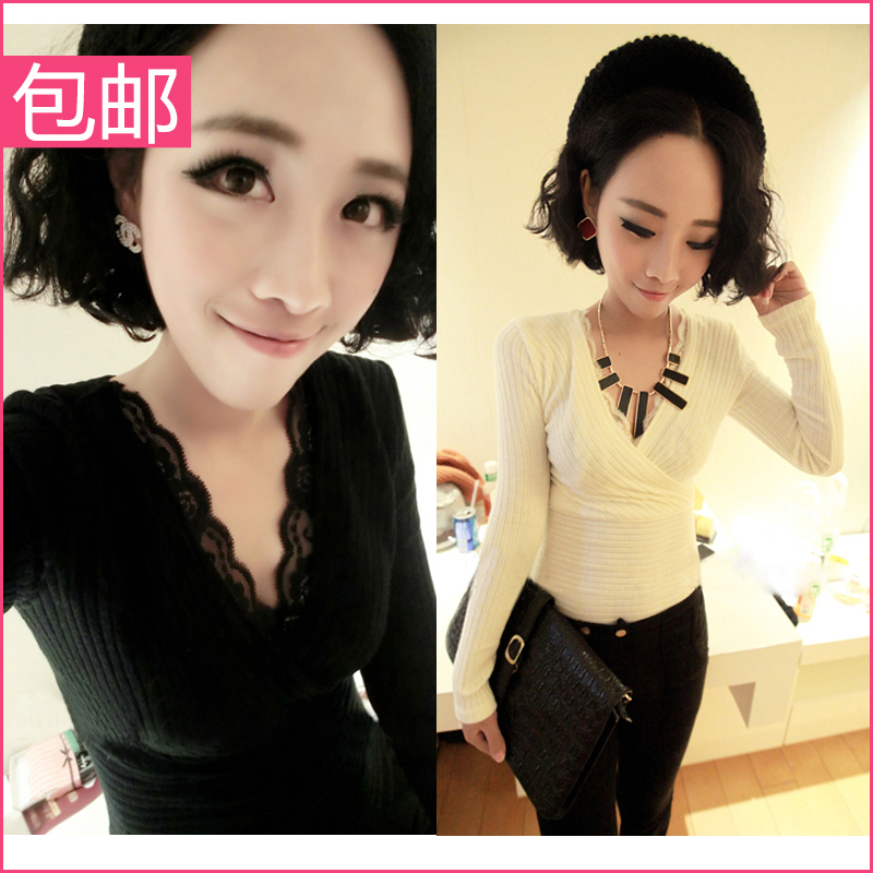 2013 spring excellent V-neck lace knitted slim waist patchwork basic shirt top