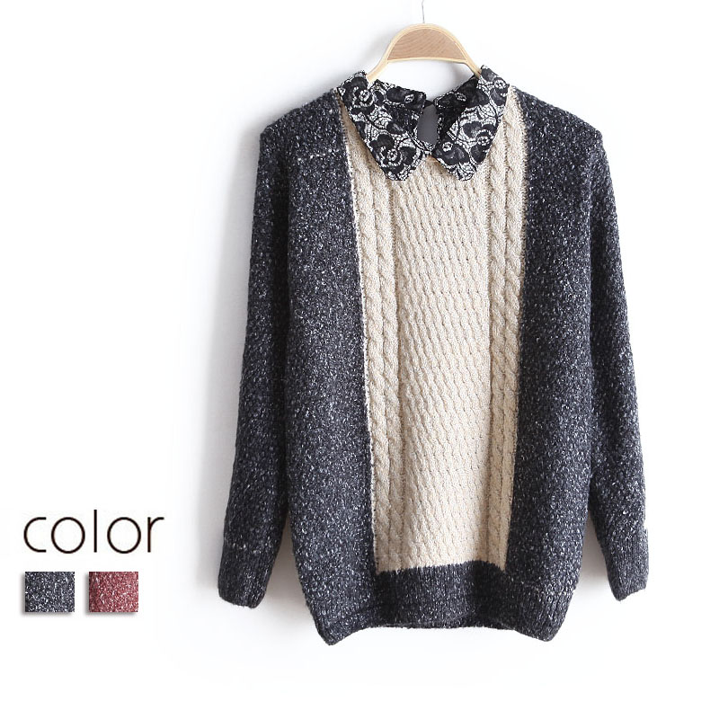 2013 spring exquisite lace turn-down collar color block decoration twisted blending basic sweater female wx1385 free shipping