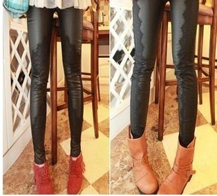 2013 spring fashion all-match eyeholes lace patchwork leather slim leather pants 9 legging