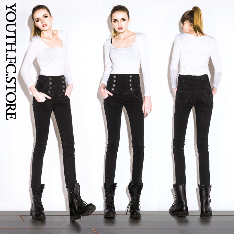 2013 spring fashion black high waist jeans female slim pencil pants trousers