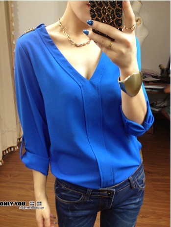 2013 spring  fashion deep v neck epaulette chiffon shirt female rivet long-sleeve plus size shirt free shipping