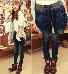 2013 spring fashion elastic waist lacing loose denim harem pants trousers