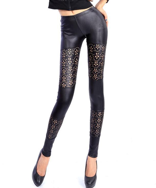 2013 spring fashion faux leather legging sexy cutout petals all-match ankle length trousers female