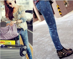 2013 spring fashion five-pointed star denim skinny pants pencil pants