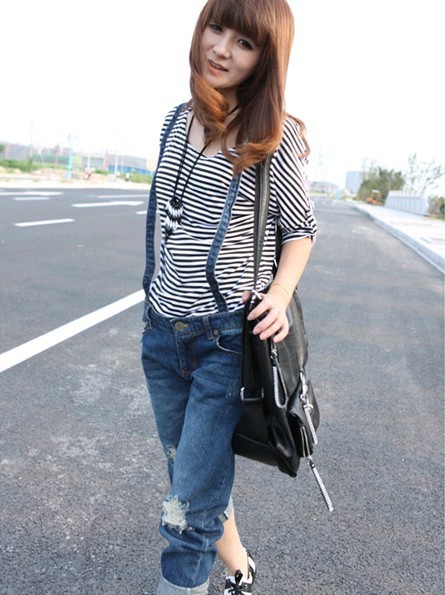 2013 Spring Fashion Hole In Curling Washing Strap Women's Jeans Free Shipping (ID: SLA093)