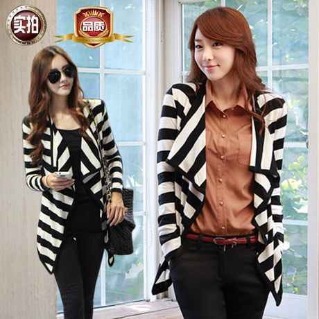 2013 spring fashion irregular black-and-white cardigan stripe  casual outerwear coat for women