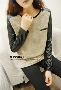 2013 spring fashion large size long johns patchwork leather clothing long-sleeve T-shirt Women loose top