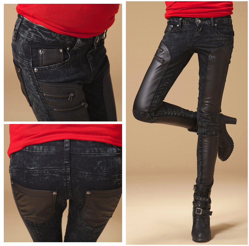 2013 spring fashion leather pants patchwork black jeans pants female denim trousers